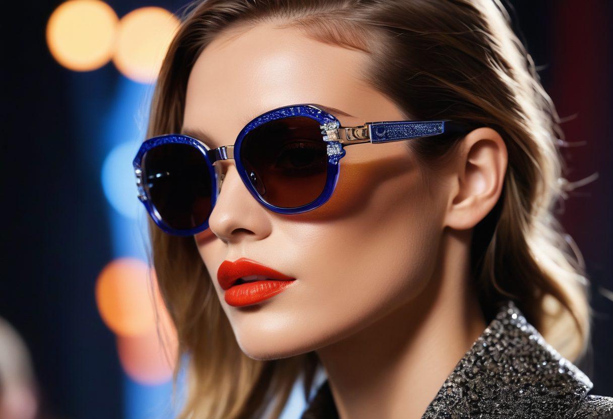 A glamorous fashion runway scene featuring models showcasing Cazal eyewear, adorned with luxurious and intricate designs. The elegant atmosphere is enhanced by shimmering lights and a chic audience, embodying high-end fashion trends. Include close-ups of unique eyeglass details, showcasing craftsmanship and opulence. Capture the essence of luxury and style in a vibrant color palette. super-realistic. chic. high fashion.