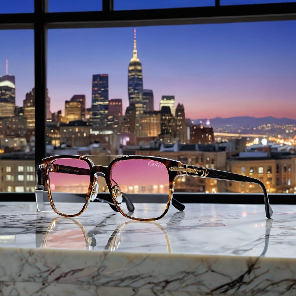 A luxurious display of Cazal's designer eyewear collection, elegantly arranged on a glossy marble surface. The background features soft, diffused lighting that highlights the exquisite details of the frames, including ornate designs and vibrant colors. Include a stylish model wearing a pair of statement glasses, exuding confidence and allure, with a fashion-forward cityscape visible through a large window in the background. super-realistic. vibrant colors.