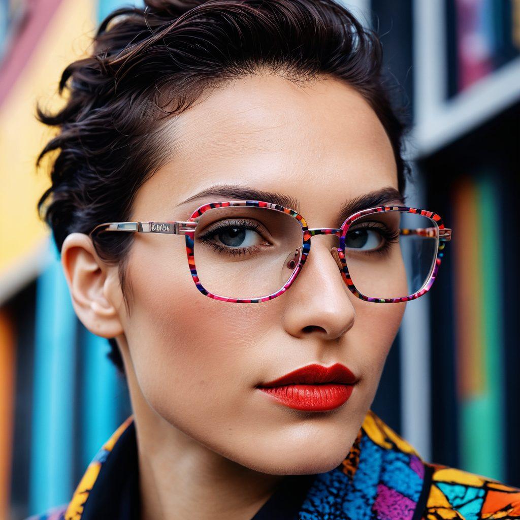 A close-up of a stylish individual wearing bold Cazal designer glasses, showcasing vibrant patterns and colors that reflect contemporary fashion. Include an urban backdrop with edgy street art and dynamic lighting to enhance the modern aesthetic. The individual should exude confidence and creativity, emphasizing the glasses as a statement piece. artistic portrait. vibrant colors. 3D effect.